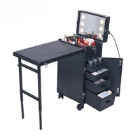 Valise de maquillage roulante pour mariage avec miroir LED, table pliante, tiroirs verrouillables, chariot professionnel pour artistes, salon de beauté