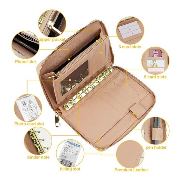 A7 Leather Budget Binder Wallet - Cash Envelope System With Zipper, 6-Ring Organizer For Money Saving, Black