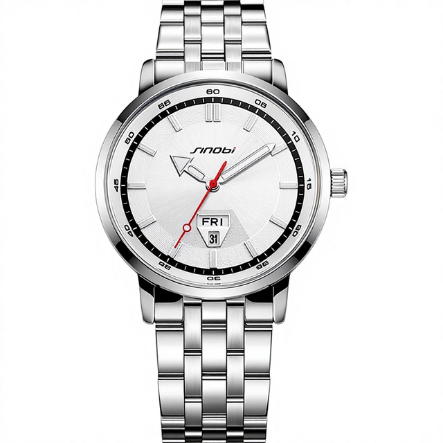 Sinobi Men's Business Quartz Watch S9892G Alloy Case Stainless Steel Strap Pointer Dial Waterproof 30mm Water Resistance