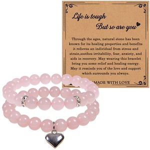 2 Pcs/Set 8mm Natural Rose Quartz Aventurine Round Stone Beaded Lucky Bracelet Set With Silver Puffy Heart Charm - Product Image 3