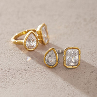 Bague ouverte en zircon à bord côtelé en acier inoxydable PVD 18K, étanche, inaltérable et hypoallergénique pour femme