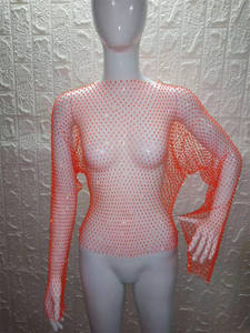 Y2K شبكة رؤية من خلال تي شيرت لامعة حجر الراين شبكة صيد السمك أجوف من النساء مثير أعلى محصول طويلة الأكمام الشاطئ التستر قمم للدبابات الحزب - Product Image 4