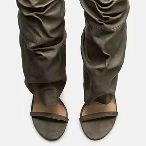Summer Open Toe Knee High Boots Women's Pleated Upper Sandals Shoes High Heels Single Band V-shaped Cut Long <b>Booties</b> - Product Image 5