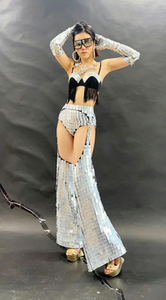 Costume de scène miroir argenté, <span class=keywords><strong>tenue</strong></span> réfléchissante 4 pièces avec franges pour scène de boîte de nuit - Product Image 6