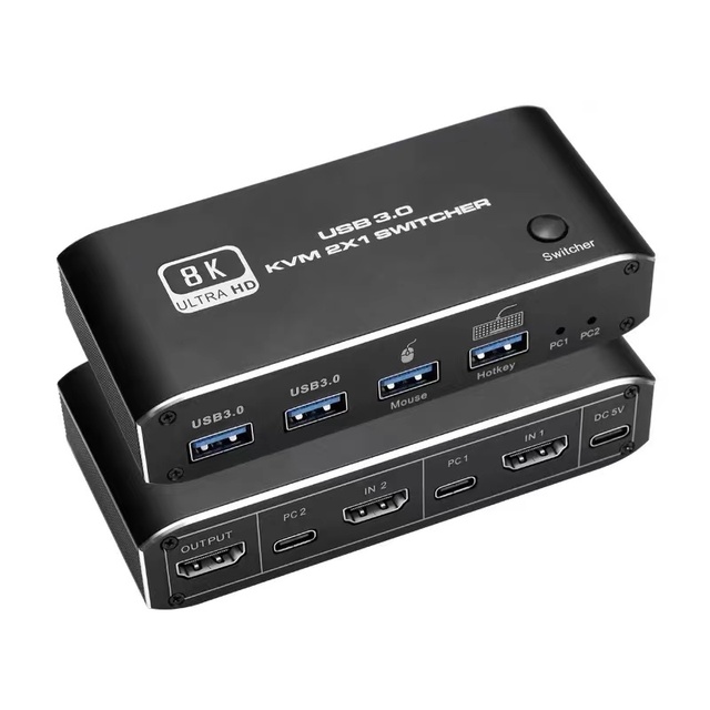HotKey 8K for 2 Port USB KVM Switch HDMI2.1 HDCP2.3 Aluminum Alloy in Stock Support 2PC Computers 2USB3.0 for Mouse Keyboard