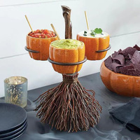 2026 Halloween Pot à bonbons citrouille en résine, support à collation en forme de balai, décor de table de fête peint, livraison directe