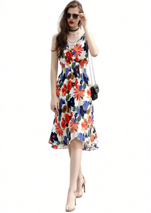 Abito midi da donna LQ67-2 con stampa floreale, spalline sottili, linea ad A, in chiffon, casual estivo, tessuto traspirante. - Product Image 1