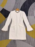 Robe midi vintage florale pour femme A12837, col montant, manches évasées, strass, formelle, respirante, pour le bureau, automne
