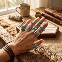 Ensemble de bagues vintage bohèmes en turquoise, plaqué argent antique, bijoux ethniques occidentaux de style gitan pour femmes, vente en gros
