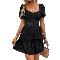 Robe noire vintage à col cœur et manches bouffantes pour femme, avec découpe à la taille, idéale pour le printemps et l'été, vente en gros