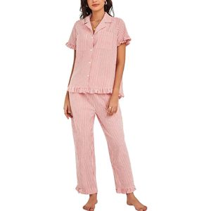 FOXA Womens Striped Pajama Set Cotton Button <b>Down</b> Short Sleeve Top Long <b>Pants</b> 2 Piece Sleepwear Loungewear - Product Image 1