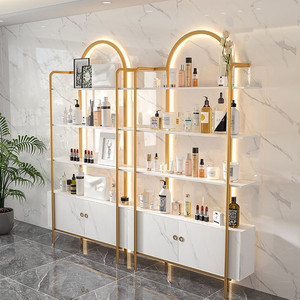 Professional Modern Wood Salon <b>Shoe</b> Rack Storage Display <b>Stand</b> with Light Shiny Gold Finish for Beauty Shop Nail Polish Shelf - Product Image 3