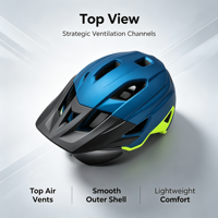 Casque de vélo CE EN1078 unisexe adulte bleu-vert, léger, ventilé, VTT, visière détachable, feu arrière LED, pour trajets quotidiens et tout-terrain