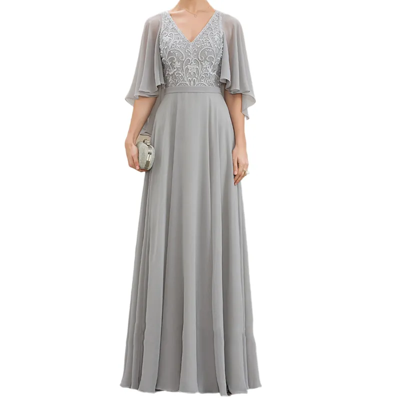 Plus Size High Quality V Neck Butterfly Sleeves Lace Embroidery High Waist Chiffon Evening Ball Gown