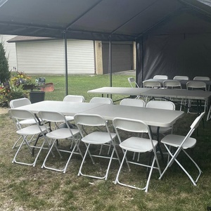 Ensemble de <span class=keywords><strong>table</strong></span> et chaises pliantes rectangulaires en plastique HDPE blanc pour 10 <span class=keywords><strong>personnes</strong></span>, bon marché, pour l'extérieur, 8 pieds - Product Image 1
