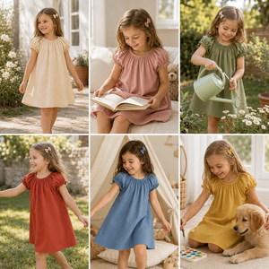 Vestiti in cotone per bambine <span class=keywords><strong>con</strong></span> fiocco coordinato <span class=keywords><strong>maniche</strong></span> a sbuffo linea A estivi pronti per la spedizione - Product Image 3