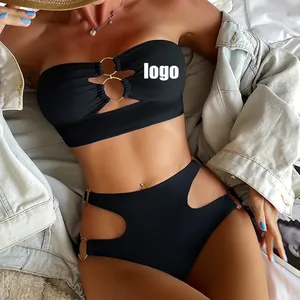 2024 Mùa Hè Sexy Màu Đen Bandeau Brazil Bộ Bikini Thiết Lập Tùy Chỉnh Rắn Cao Eo Đồ Bơi Beachwear Cộng Với Kích Thước Chia Áo Tắm