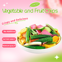 Assortiment natuurlijke gemengde zoete gedroogde groente- en fruitchips: okra, sperziebonen, champignons, banaan, bieten, pompoen. Gezonde snack, bulkverpakking.