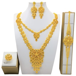 <b>Flower</b> Jewelry Set 22k Gold Plated Link Chain Women's Wedding Ethnic Necklace Earrings <b>Bracelet</b> Ring Set - Product Image 1
