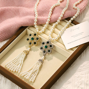 Flower Pendant Necklace With Pearl Tassel Silver And Gold Color Long Chain For Women Fashion Jewelry Accessory - Product Image 1