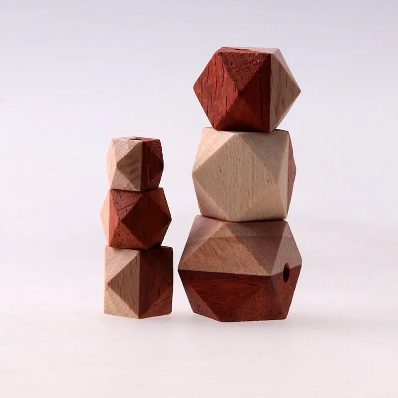 Duas cores inacabadas octogonal grânulos de madeira prisma faia madeira mogno grânulos polígono através do furo madeira grânulos atacado