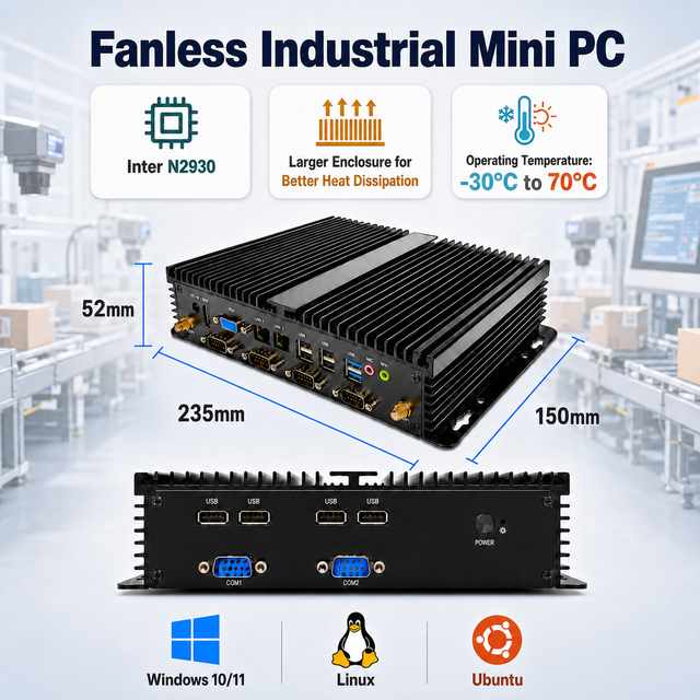 Fanless Industrial Mini PC Intel Celeron N2930 RS485+RS232 COM DDR3L 1333MHz Max 8GB Support WiFi 4G VGA+HDMI MTBF>50,000H