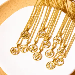 Hochwertige Münz zeichen Sternzeichen Anhänger Halskette Exquisite Gold Sternzeichen Halskette Edelstahl acier inoxydable bijoux en gros