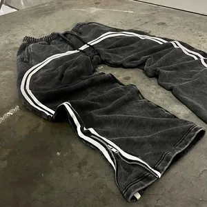 YSJY OEM Design Track Flared Sweat Pantalones holgados Rectos French Terry Zip Algodón Blank Stripe Acid Wash Pantalones de chándal Hombres