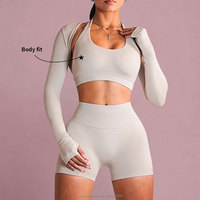 Ensemble de yoga personnalisé pour femmes, 2 pièces, haut court à manches longues, short taille haute, vêtements de sport, legging, col carré, yoga, vêtements de sport évasés