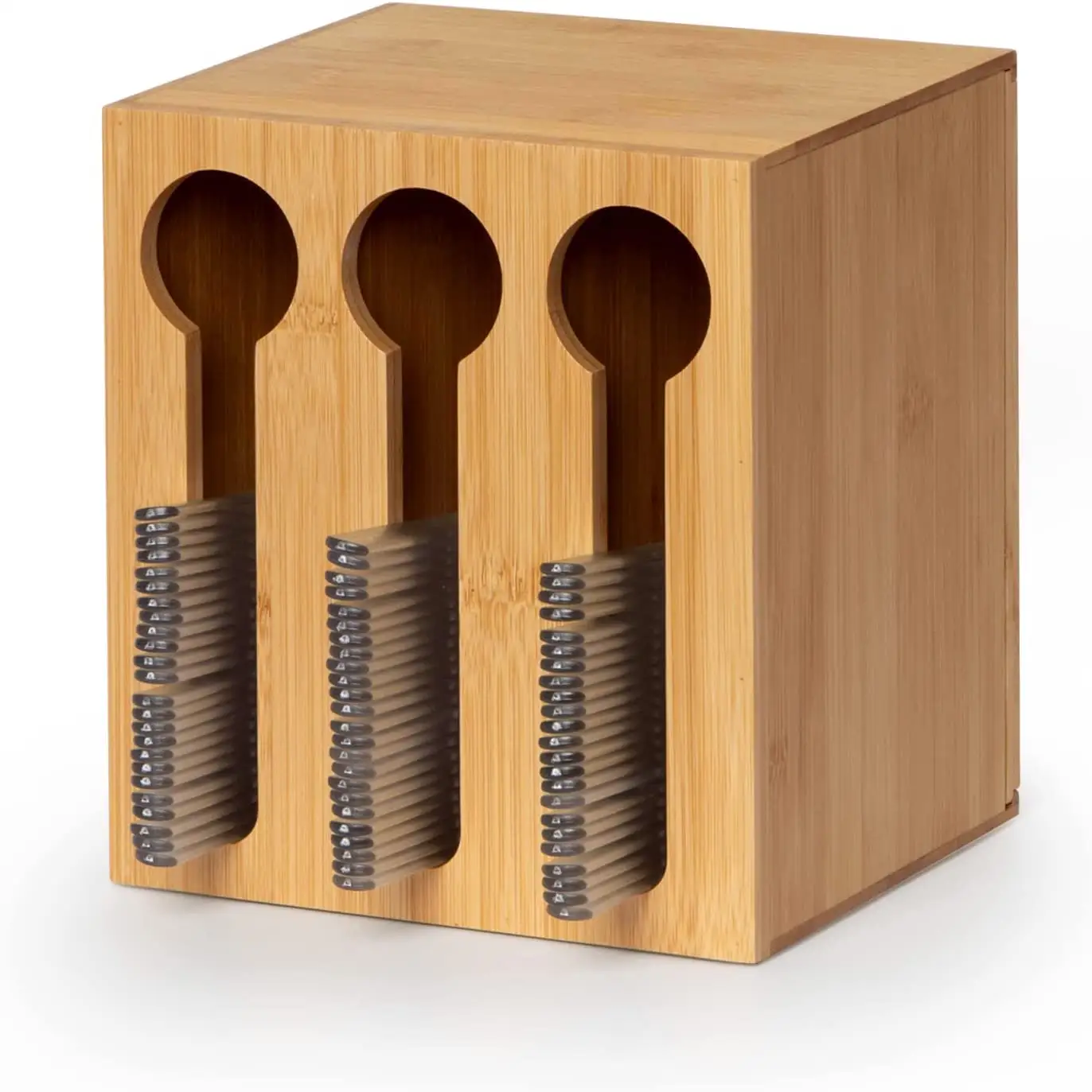 Bamboo Utensil Dispenser for Spoons and Forks, Plastic Utensil Holder Station with 3 Compartments for Plastic utensil