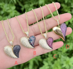 Collier Pendentif Cœur Demi- Pierre Demi-Métal Couleurs Mixtes avec Micro-Pavé de Zircon Cubique et Chaîne Torsadée pour Femme - Product Image 1