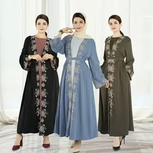 Wholesale 2024 Hot Sell 3 Color Luxury Islamic Clothing Nida Embroidery Women Abaya Dubai Women Modest Dresses Muslim Open Abaya