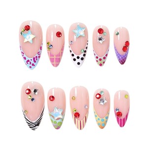 Faux ongles à presser réutilisables et détachables, motifs pois, rayures, étoiles colorées et strass, style français, pour soirée - Product Image 3