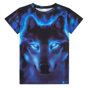 쿨 늑대 패턴 아이 티셔츠 핫 세일 도매 소년 소녀 편안한 반소매 탑 네온 컬러 동물 재미있는 티셔츠 2024