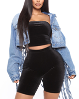 Loveda veste en jean courte et habillée avec logo personnalisé pour femmes veste en jean à pampilles avec grille arrière et poche