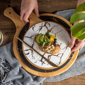 Assiette à steak en céramique marbrée de luxe pour restaurant occidental, planche à charcuterie, planche à découper en bois avec poignée - Product Image 2