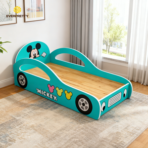 Cama Infantil Moderna para Dormitorio, Colorida y Divertida, con Forma de Auto, Estructura de Madera Individual con Barandilla para Niños - Product Image 2