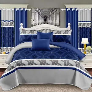 Derin mavi ev tekstili polyester levha baskılı battaniyeler kraliçe boyutu yatak örtüsü seti