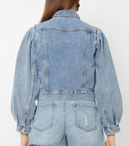 Puff Sleeve Short <strong>Cropped</strong> Pilot Bomber <strong>Jacket</strong> Women's Cotton Distressed Fitted Washed Ripped <strong>Denim</strong> Jean <strong>Jacket</strong> for Ladies - Product Image 3