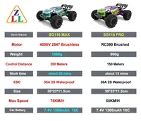 Voiture de course RC Zll SG116 Pro Brushed à l'échelle 1/16, 4 roues motrices, vitesse maximale de 40 km/h, prête à l'emploi avec télécommande 4 canaux, portée de 150 m