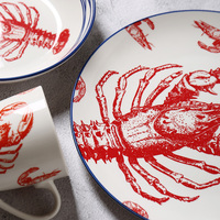Service de vaisselle en céramique Série Océan, motif poissons et crevettes, assiettes, bols et tasses en grès pour la famille, les restaurants et les hôtels