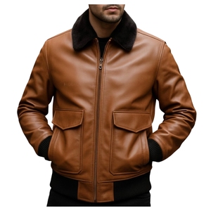 <b>Men</b> Premium Handcrafted Brown Sheepskin Leather <b>Aviator</b> <b>Jacket</b> Detachable Sheepskin Fur Collar Waterproof Quick Dry Winter Front - Product Image 1