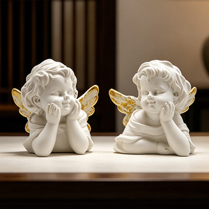 Coppia di Busto di Cherubini in Resina con Ali Dorate, Statuette di Angioletti Bianchi Antichi, Set Regalo per Decorazione Domestica da Tavolo - Product Image 1