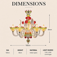 Lustre en verre rouge à motifs floraux d'inspiration murano européenne, 8 lumières, lampe suspendue artistique pour hôtel, restaurant