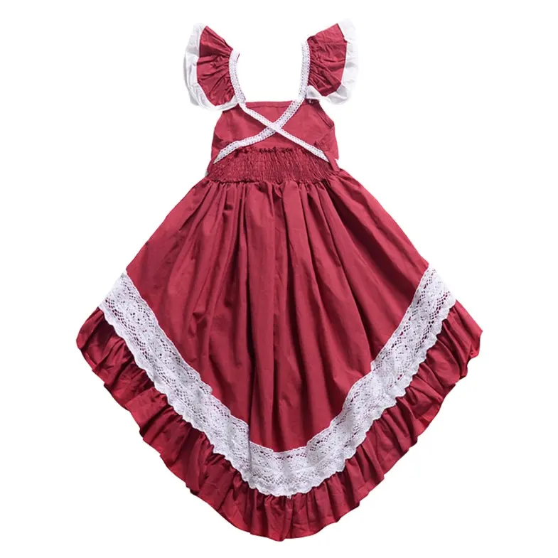 Детское модное платье для девочек, красное платье с ласточкиным хвостом и кружевом, милое асимметричное цельнокроеное платье для маленьких принцесс, для девочек