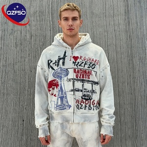 QZFSO Custom 460gsm Fleece Acid Washing Sweatshirt Distressed DTG Print Oversized Boxy Cropped Graphic <b>Zip</b> <b>up</b> <b>Hoodie</b> for Men - Product Image 1