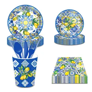 MM285 Blue Color Blue and White Porcelain Lemon Tableware Set Disposable Paper Plates Napkins Cups for Kids Birthday Party Decor