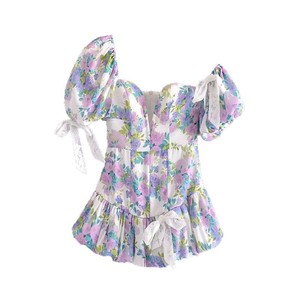 Nuovo Abito Estivo Stile Retrò Francese Floreale con Spalle Scoperte, Maniche Corte, Schiena Scoperta, Fiocco, Maniche a Sbuffo, Stile Streetwear, Vita Alta e Scollo a Barca - Product Image 5