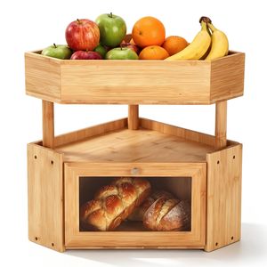 Caja de pan de doble capa para esquina, estante de almacenamiento de frutas y verduras de bambú, estante de madera para frutas frescas para esquina de cocina - Product Image 4
