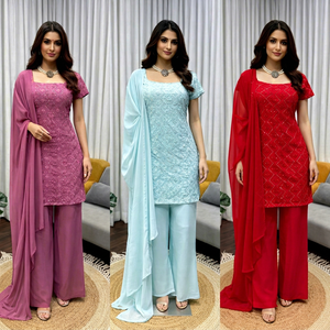 Ensemble Churidar brodé pour femme, col carré, Kurta, Palazzo, Dupatta, tenue de fête Salwar Kameez - Product Image 3